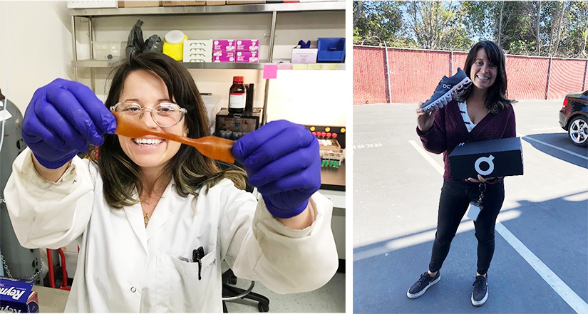 famu-fsu engineer alum kat knauer holding recycled plastic and the shoes it went into