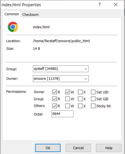 Screenshot of the window that appears after selecting "Properties." The properties shown in the third section Permissions, indicated by checkboxes that can be checked or unchecked. This image displays checkmarks in each of the three R boxes to allow all parties (owner, group, and others) to have read access.