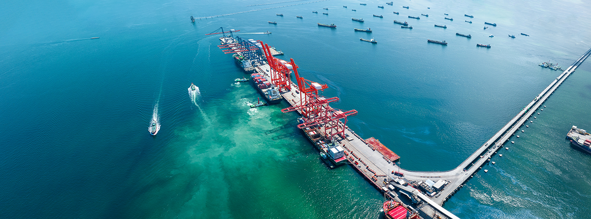 aerial view of cargo ships waiting to dock in blue sea