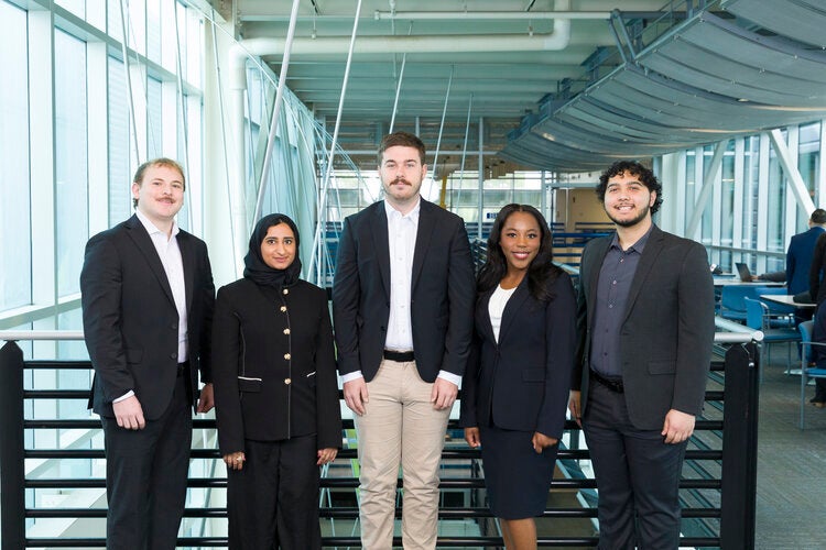 Team 106 L to R: Evan Weber (BME), Bashair Binmahfooz (BME), Austin Peacock (BME), Ameria Ellis (EE), Ryan Ugalde (EE)