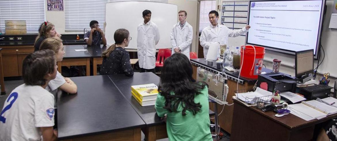 Pranav Muthuraman Geetha, Simeng Li, Ph.D. and Kyle Long of FAMU-FSU Engineering present to a class at Leon High School in Tallahassee FL