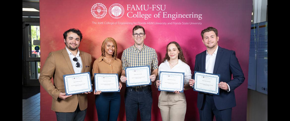 photo of biomedical entrepreneurial senior design engineering team and faculty advisor stephen arce at famu-fsu engineering