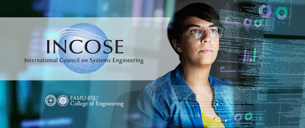 image of woman looking at computer with INCOSE and famu-fsu engineerng logos superimposed