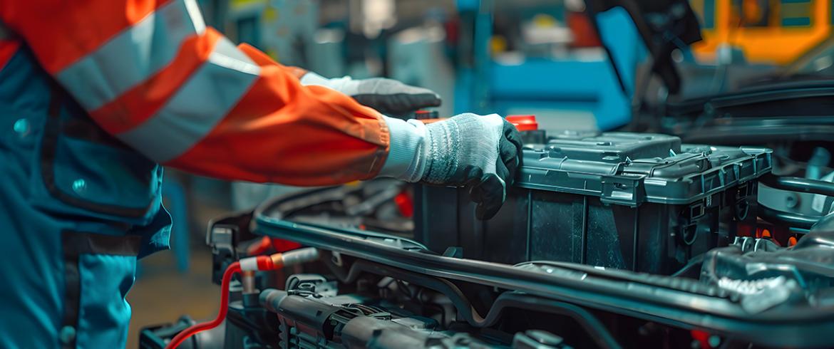 ai-generated image of car technician's gloved hands on a car battery