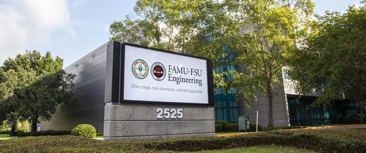 photo of famu-fsu engineering sign with trees and blue sky