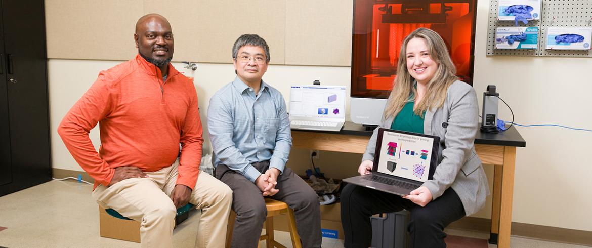 photo of famu-fsu engineering professors tarik dickens hui wang rebekah sweat in 3d printing lab