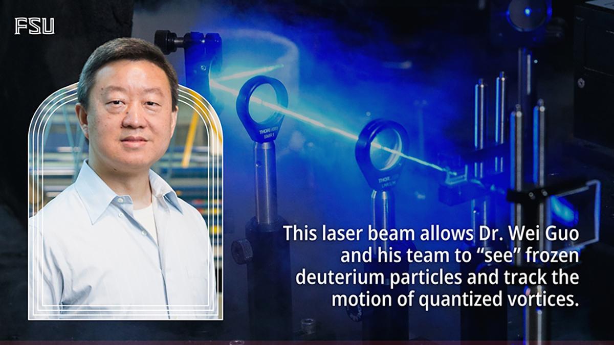 photo of famu-fsu engineering professor wei guo a laser and text