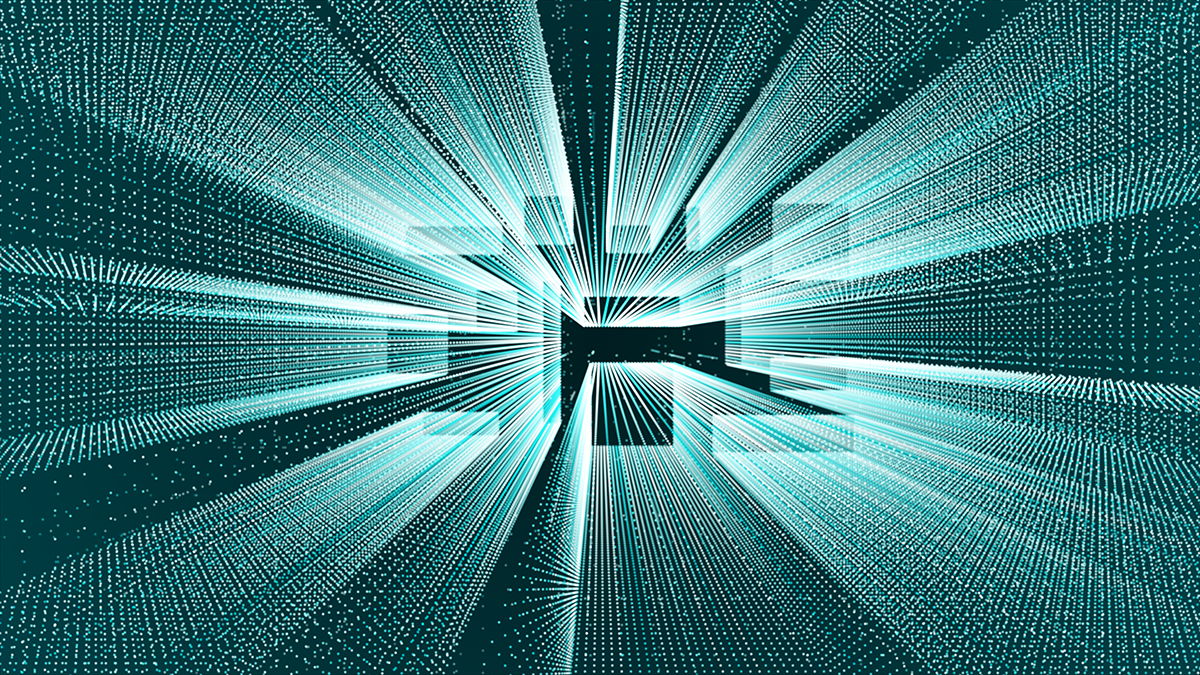 digital illustration of Moving through digital technological particles tunnel, 3d big data digital square tunnel background