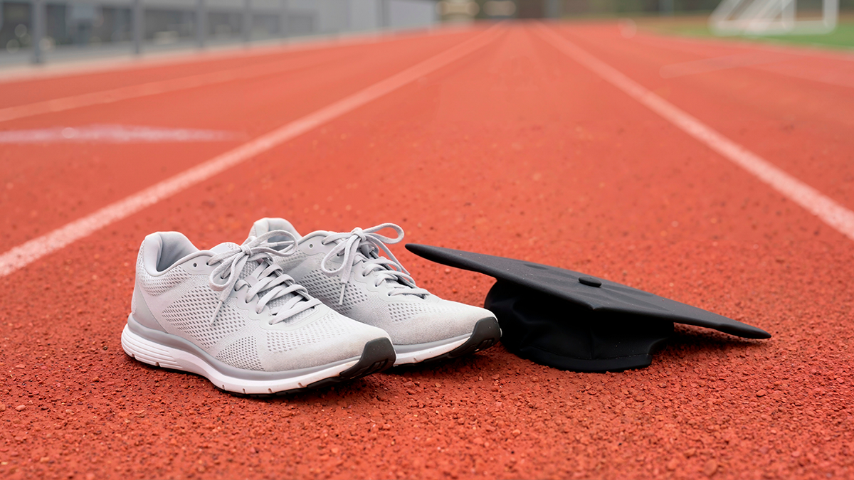 photo of athletic shoes and grad cap on track