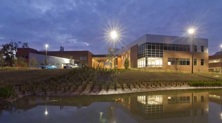 Aero-propulsion, Mechatronics, and Energy Center early in the evening...illuminated from inside