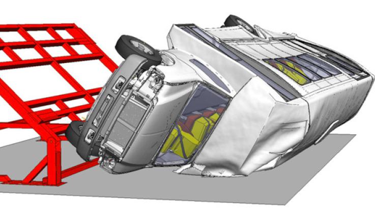 Computer generated crashed bus on its side