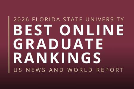 Burgundy graphic with gold vertical accent bar on left side. White text reads '2026 Florida State University Best Online Graduate Rankings' with 'US News and World Report' in smaller gold text below.