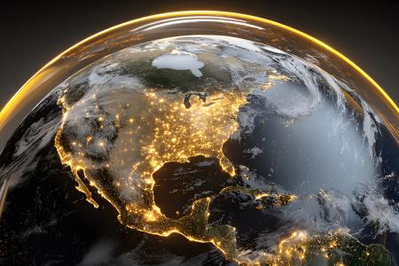 illustrated photo image of globe with gold lights from cities under curved transparent gold arc