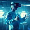 AI-designed image of a doctor in operating room wearing VR glasses