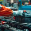 ai-generated image of car technician's gloved hands on a car battery