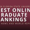 Burgundy graphic with gold vertical accent bar on left side. White text reads '2026 Florida State University Best Online Graduate Rankings' with 'US News and World Report' in smaller gold text below.