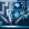 AI photo illustration of three robotic arms with lasers pointed on a surgery table surrounded by screens showing brain images